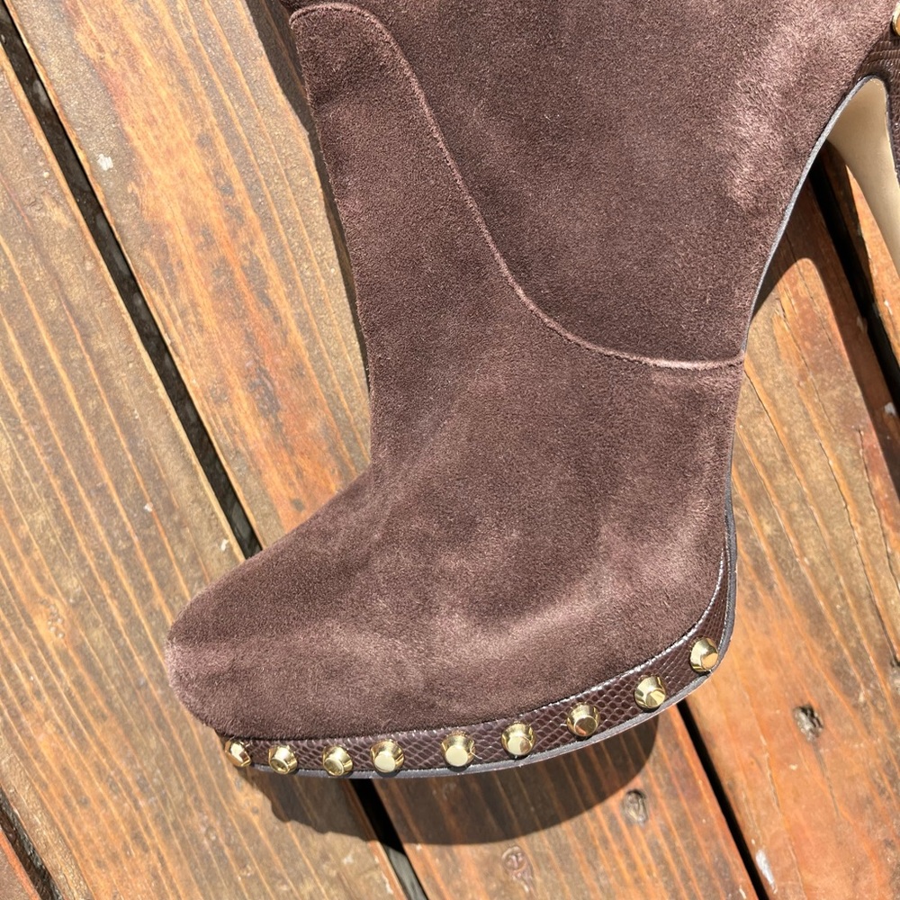 Micheal Kors Brown Suede Gold Studded Boots - Picture 9 of 15